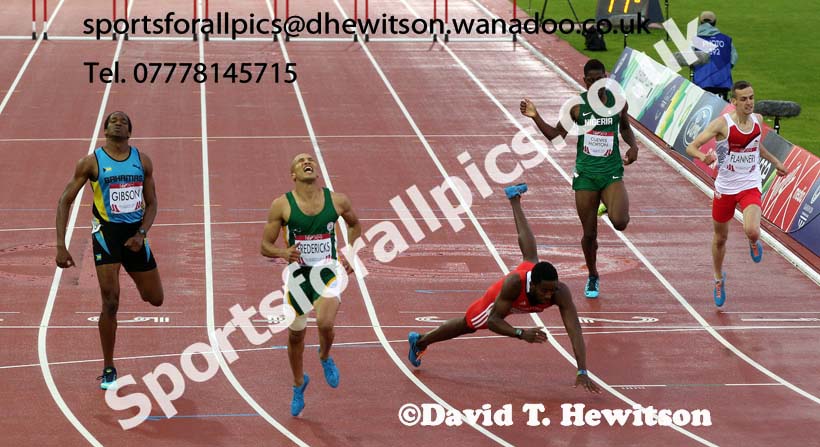 From right ot left: Jeffery Gibson, Cornel Fredericks winner, Jehue Gordon, Christian Cuevas-Morton and Niall Flannery in the 400 metres hurdles final, 2014 Commonwealth Games, Glasgow. Photo: David T. Hewitson/Sports for All Pics